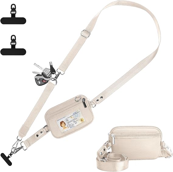 Clip and Go Strap for Phone with Wallet Crossbody, Phone Lanyard Detachable - Adjustable Crossbody Neck Strap with ID Window, Universal Clip for Phone/Keys/Cards (Beige)
