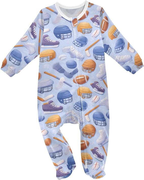 Hockey Gear Stick Pattern Baby Sleep Play Pjs Footie Cotton One-piece Zip Front Romper Jumpsuit Pajamas 3-24M