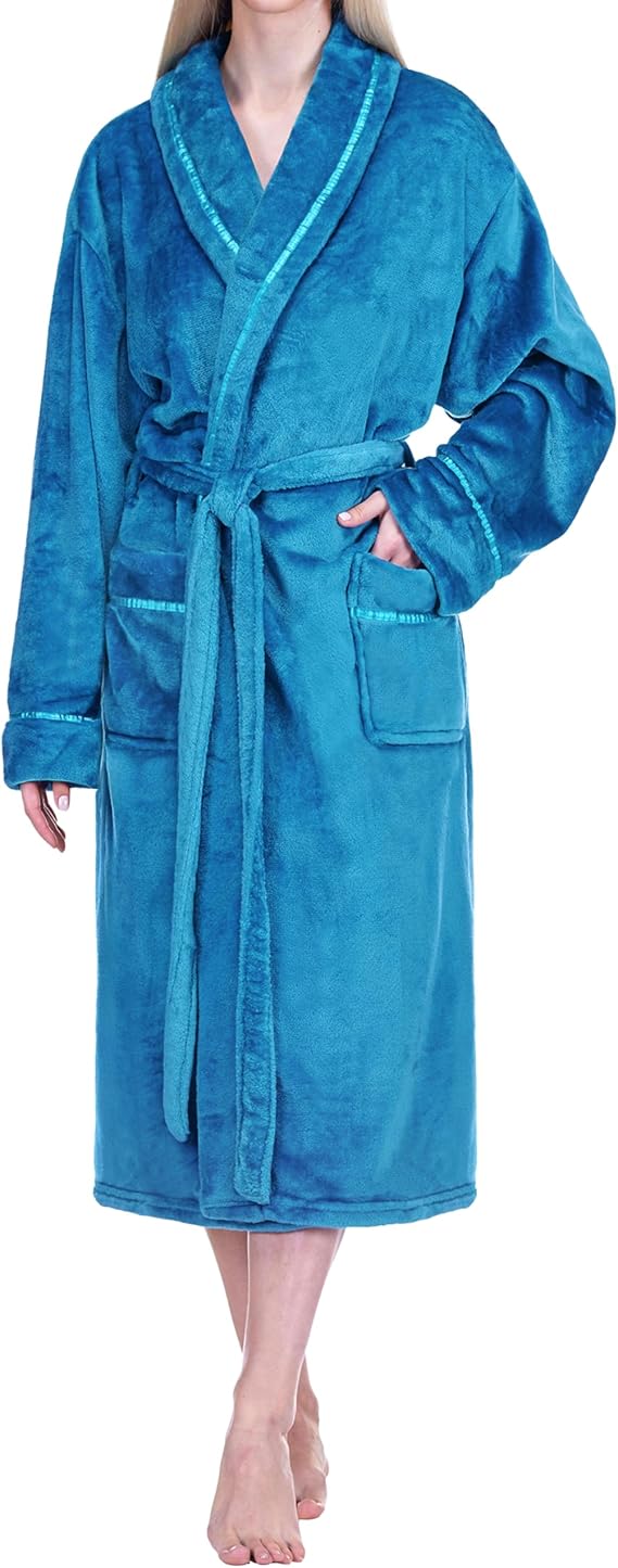 PAVILIA Womens Fleece Robe with Satin Trim, Plush Soft Long Spa Bathrobe, Cozy Shawl Collar Housecoat with Pockets