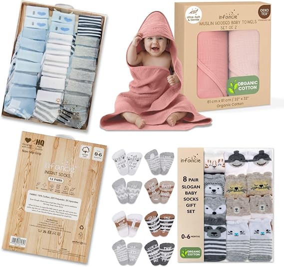 Organic Baby Bundle 2 Cotton Hooded Bath Towels + 20 Pairs Non-Slip Gripper Socks | Soft & Safe Essentials for Newborns (06M)
