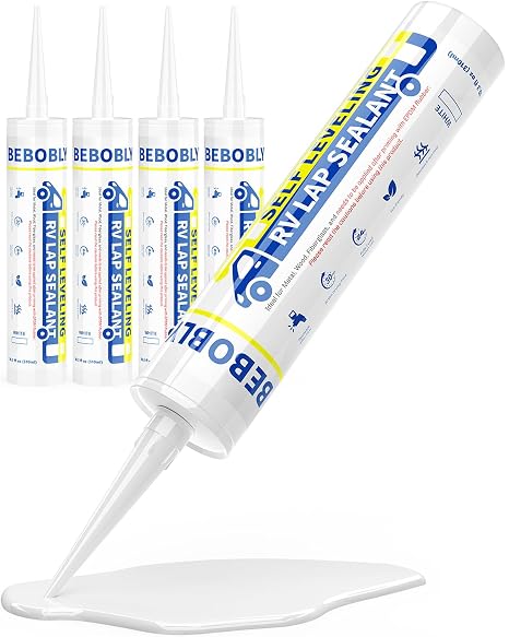 BEBOBLY RV Roof Sealant 4 Packs, Self Leveling Lap Sealant White, RV Caulking Sealant Waterproof, Flexible & Non-Cracking, RV Lap Sealant for Camper, Trailer & Motorhome Roof Repair, Secure Odorless