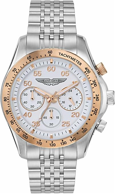 Aston Martin SGT Collection Luxury Mens Watch Timepieces with a Silver Bracelet Featuring a Stainless Steel Case and a White Dial