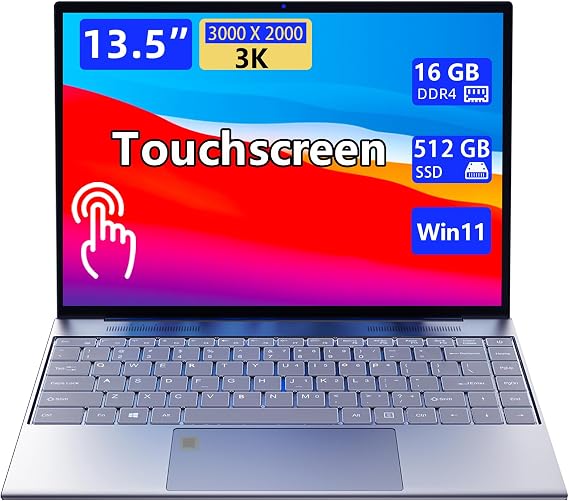13.5-inch portable touchscreen laptop computer,16GB RAM,512GB SSD,3K (30002000) IPS,Celeron N95 processor up to 3.4 GHz,10000mAh battery,backlit keyboard,fingerprint unlocking,Windows 11,slim laptops