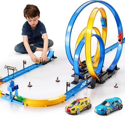 Slot Car Games Race Cars Toys for Boys Kids Age 5-7, Toy Cars Track Set with 4 Slot Cars, Loop Track and Jump Ramp, Slot Car Race Track Sets for 3 4 5 6 7 8 Year Old Boy Girl Birthday Gifts