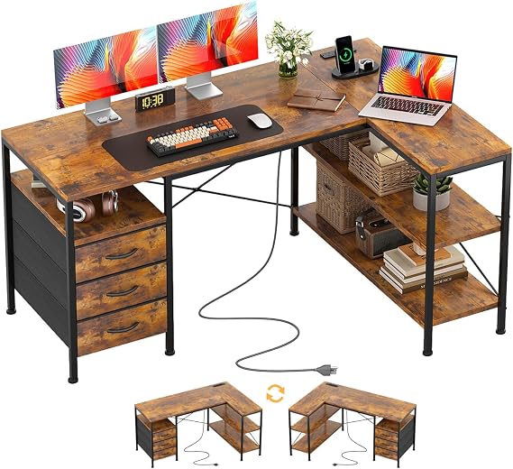 CAIYUN 120cm Corner Desk with Drawers, Reversible L shaped Computer Desk with Power Outlet, Home Office Desk with USB Charging Port, Rustic Brown