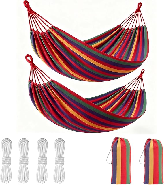 2 Pack Camping Hammocks | Portable Outdoor Hammock Set with Tree Straps | for Hiking, Backpacking and Camping | 500lbs Capacity | Red Rainbow Stripes