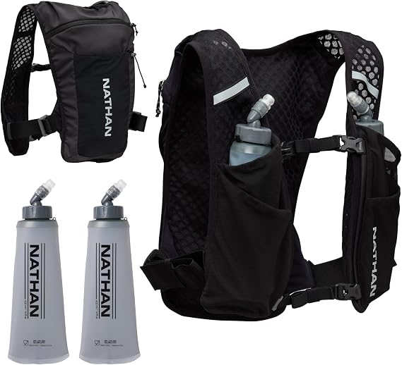 Nathan QuickStart Hydration Pack Vest with Bladder or flasks, Storage Pockets, Breathable Moisture-Wicking Fabric, Adjustable Straps for Running, Hiking, Walking, Marathons, Obstacle Races