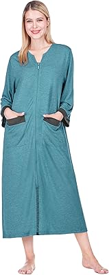 PAVILIA Premium Womens Robe Housecoat, 34 Sleeves Zip Up Nightgown For Women Pockets, Soft Bathrobe Zipper Loungewear Dress
