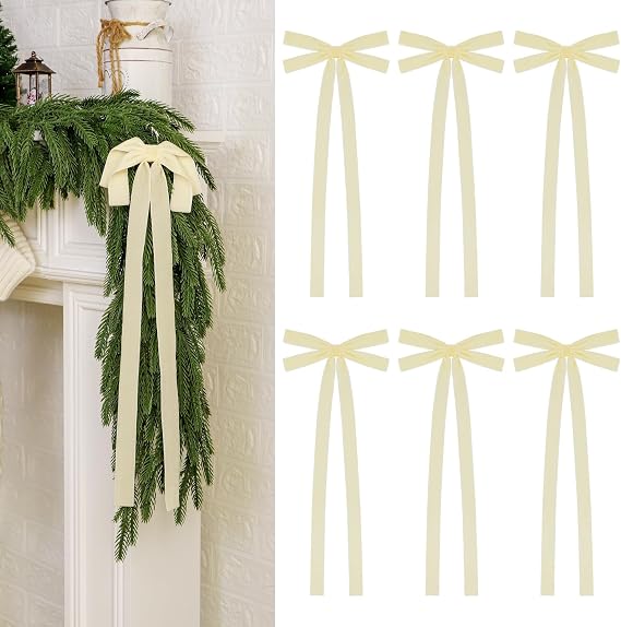 Velvet Christmas Bow Set of 6 Large Premade Rustic Craft Wreath Bows with Long Tail Vintage Xmas Ornaments for Tree Topper, Garland, Fireplace, Stairs, Door Decor, 1" W, 8 X 19 Inch (6, Beige)