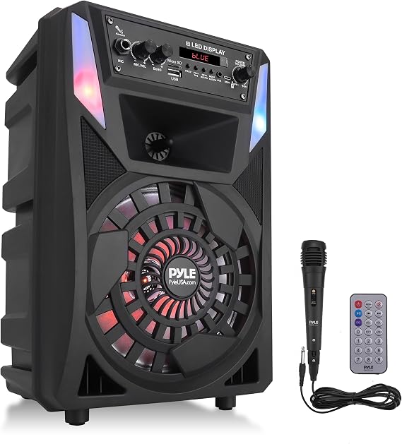 Pyle Portable Bluetooth PA Speaker - 300 W 8 Rechargeable Outdoor BT Karaoke Audio System - Multi-Color Party Lights, LED Display, FM/AUX/MP3/USB/SD, 6.5mm in - Wired Microphone, Remote Control