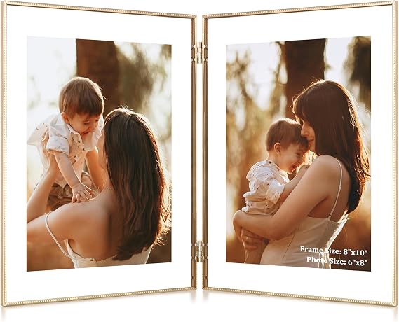 RICHFOCUS 8x10 Double Floating Picture Frame, Floating Display for 5x7 6x8, Hinged Folding Beaded Metal Picture Frames with Real Glass, Tabletop Photo Frame for Multiple Size, for Home Decor, Gold