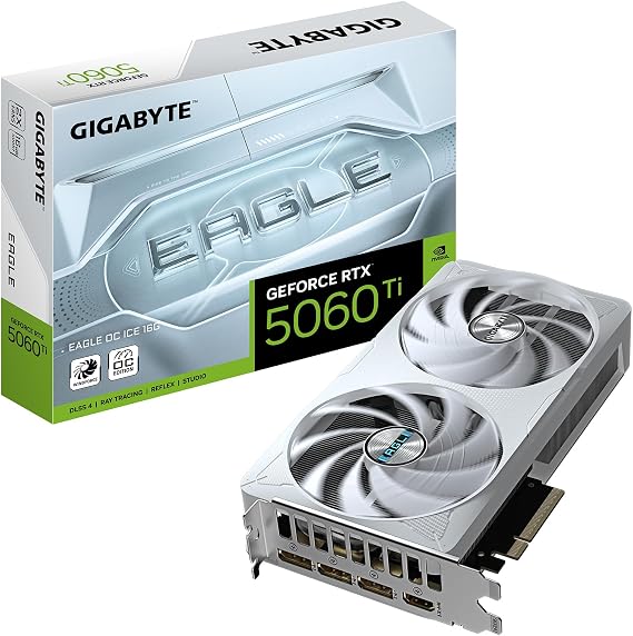 Gigabyte GeForce RTX 5060 Ti EAGLE OC ICE 16G Graphics Card - 16GB GDDR7, 128bit, PCI-E 5.0, 2617MHz Core Clock, 3 x DisplayPort, 1 x HDMI, GV-N506TEAGLEOC ICE-16GD
