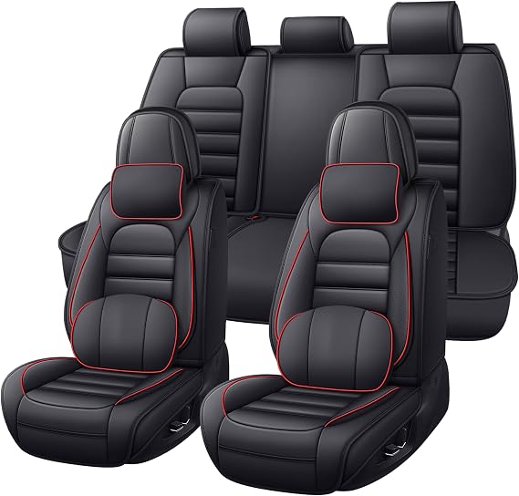 Car Seat Covers for Toyota Land Cruiser 2001-2025,Waterproof Seat Cushions,Car Seat Protector,Luxury Automotive Interior Accessories Covers (5 Seats Set with Pillows,Black&Red Line)