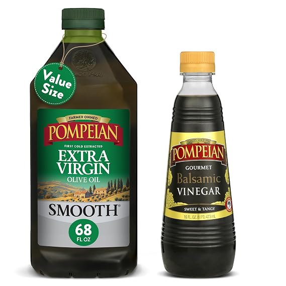 Bundle of Pompeian Smooth Extra Virgin Olive Oil - 68 Fl Oz - First Cold Pressed - Smooth Taste + Pompeian Gourmet Balsamic Vinegar - 16 Fl Oz - Vinegar for Cooking - Sweet and Tangy Flavor