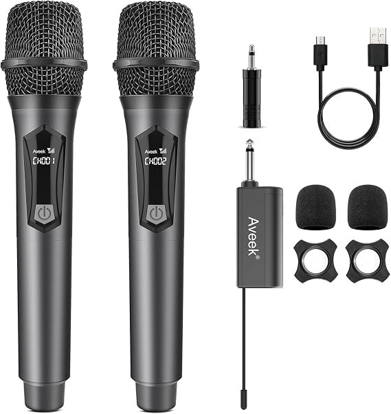 Aveek Wireless Karaoke Microphone, Rechargeable Handheld Mic with Receiver for Powered Speakers and Amplifiers, Karaoke Microphone Set for Singing, Weddings, DJ, Parties (2 Pack)