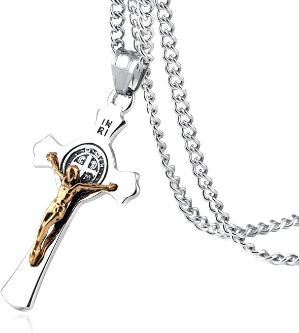 HZMAN Religion Stainless Steel Saint St St. Benedict Crucifix Cross Pendants Necklace INRI