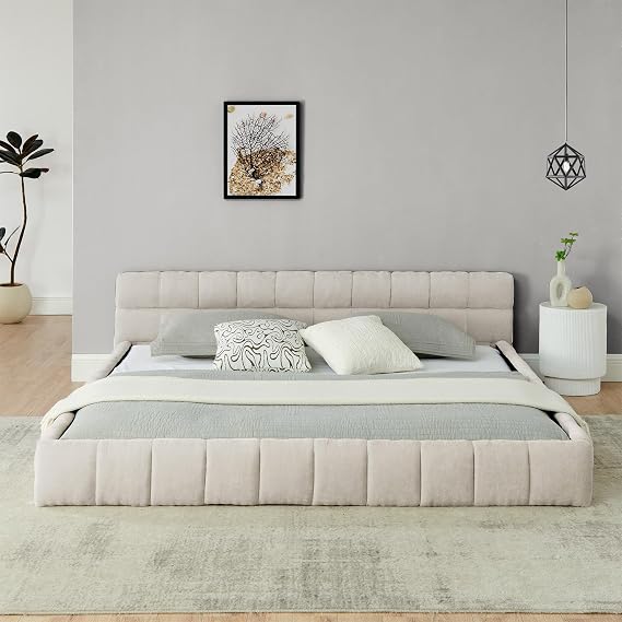 King Bed Frame, Upholstered Platform Bed with Headboard, Chenille Fabric Grounded King Size Platform Bed with Wooden Slats Support, No Box Spring Needed, Noise-Free, Easy Assembly, Beige