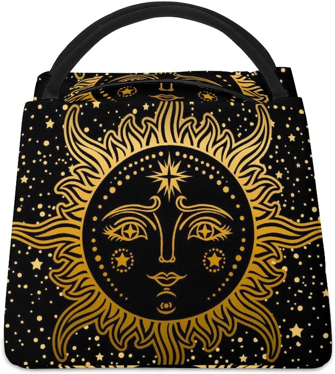 Hand Drawn Gold Golden Face of the Sun Stars on Black Dark Lunch Box Portable Handbag Lunch Tote Bag Insulated Cooler Thermal Lightweight Reusable Bag for Travel Work Office Picnic School