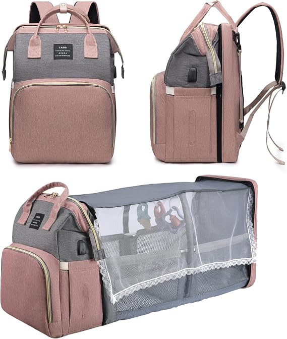 Diaper Bag Backpack with Changing Station, Pink Baby Girls Diaper Bag for Mom, Large Travel Baby Changing Bags Back Pack with 3 Insulated Pockets & Charging Port