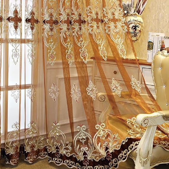 Amidoudou 1 Pair European Jacquard Sheer Curtains Luxury Embroidered Tulle Curtains for Living Room Bedroom (Coffee,51x96 Inch)