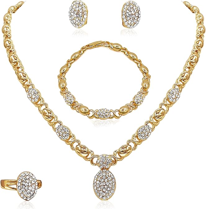 SYHOL Gold Jewelry Sets for Women 18K Gold/Silver Filled Jewelry Necklace Set Wedding Bridal Fashion Jewelry Sets Women Accessories Bracelets Earrings and Rings Sweetheart Gifts