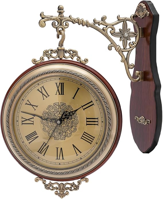 12 Inch Double Sided Wall Clock - Double Sided Train Station Clock with Silent Sweep Movement, Vintage Industrial Wall Clock, 360 Rotatable for Garden, Home Decor