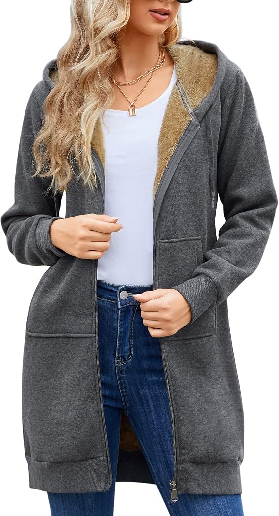 HEEKPEK Women Long Hoodies Coat Fall Winter Fleece Jackets Zip Sweatshirts | Long Hoodies For Women Zip Up, Fleece Lined Hoodie, Fleece Cardigans, Sherpa Lined Ladies Sweatshirts, Fall Long Winter Coats