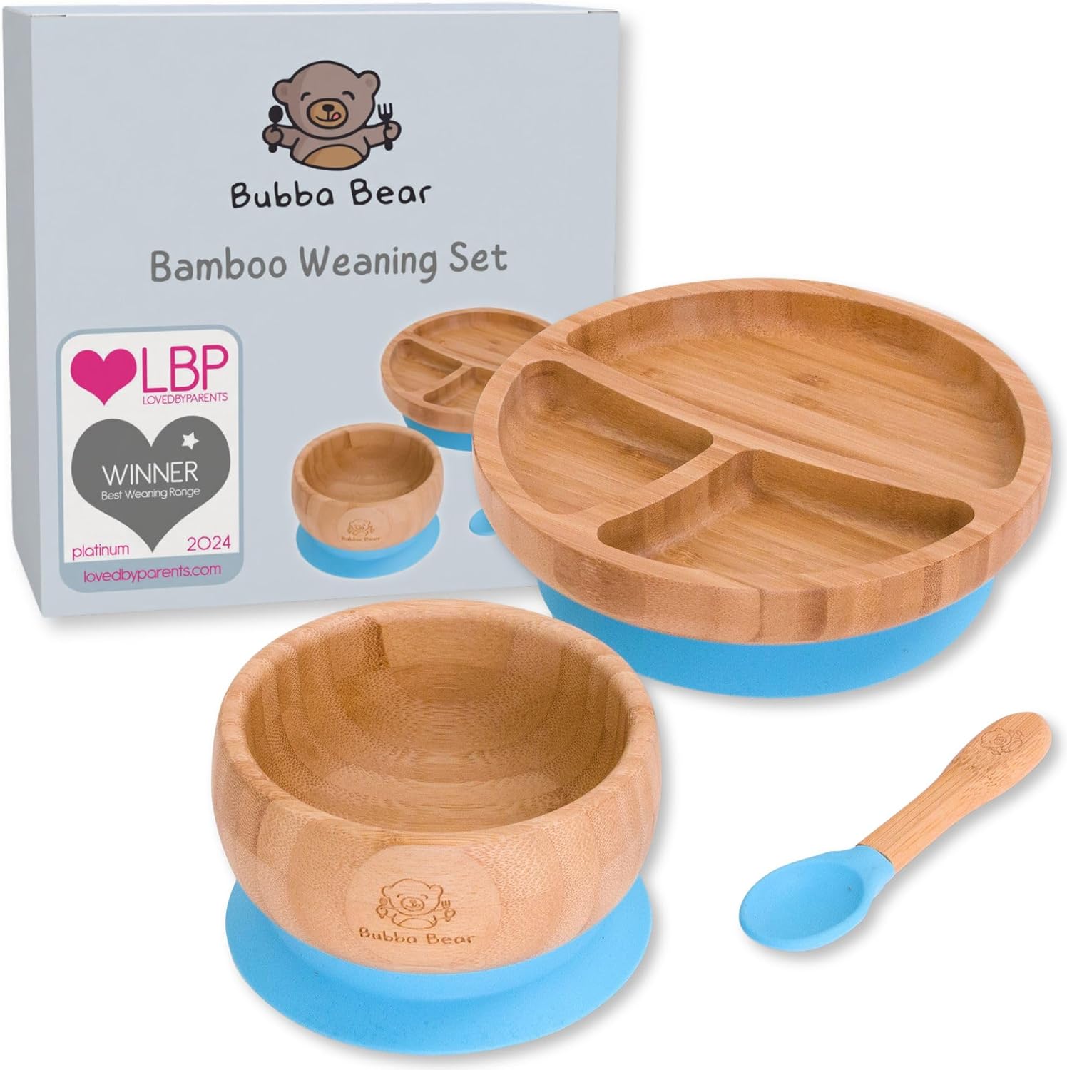 Bubba Bear ® Baby Bamboo Suction Bowl, Plate & Spoon Set | Stay Put Toddler Led Feeding Bowls & Plates | Guide to Weaning eBook