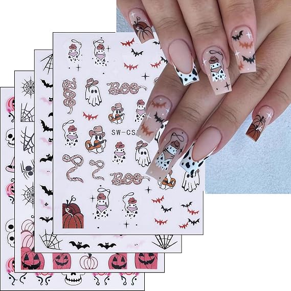 Halloween Nails Stickers Black Bat Nails Sticker 3D Embossed Pink Bats Self Adhesive Sticker Nail Decals Cute White Ghost Nail Art Decals Halloween Decals for Nail DIY Manicure 4Sheet