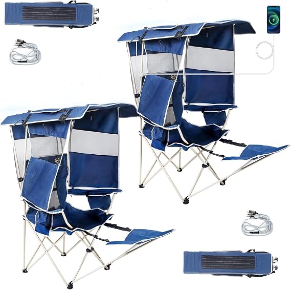 CDEN Canopy Chair, Camping Chair with Canopy, Chair with Shade, Beach Chair, USB Type-C DC outlets for Phone provided, 30W Output, with Solar Panel, footrest (2 Pack)
