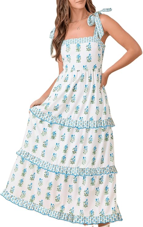 Women Boho Floral Maxi Dress Y2k Sleeveless Tie Shoulder Tiered Ruffle Long Dresses Summer Beach Sundress (E Blue,S)