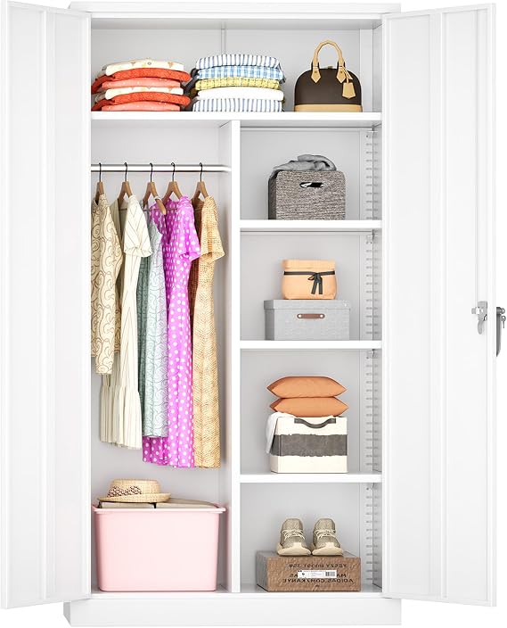 Greenvelly Metal Wardrobe Closet with Doors and Shelves,72" Armoire Wardrobe Closet for Hanging Clothes for Office, Bedroom, Laundry Room, School, Employee,Gym(White)