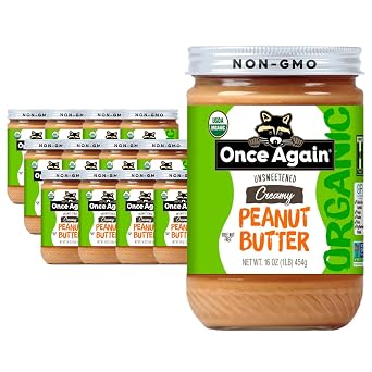 Once Again Organic Creamy Peanut Butter, 16oz - Lightly Salted, Unsweetened - USDA Organic, Gluten Free Certified, Vegan, Kosher - Glass Jar - Case of 12