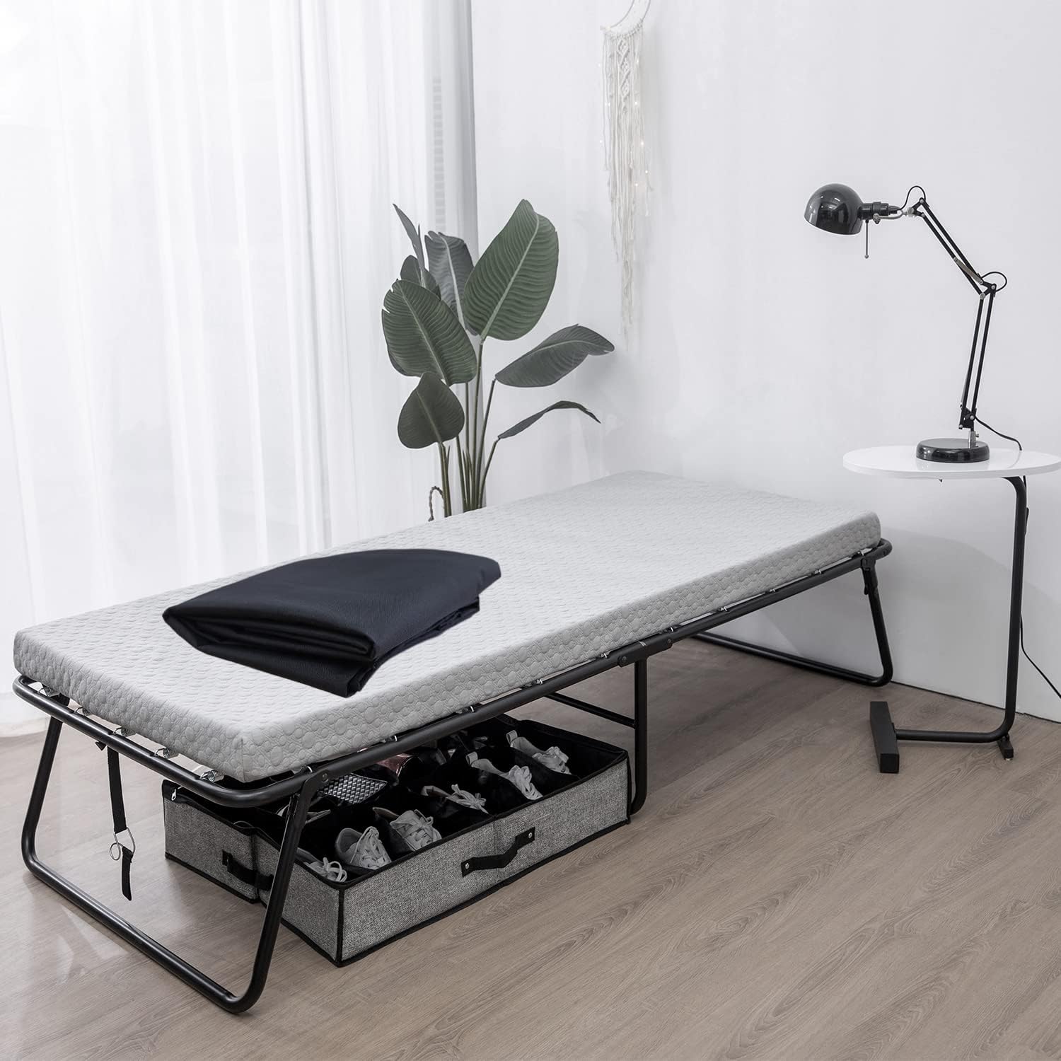 Leisuit Rollaway Guest Bed Cot Fold Out Bed - Portable Folding Bed Frame with Thick Memory Foam Mattress Grey and a Dedicated dust Cover Bundle