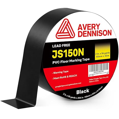 Avery Dennison Floor Marking Tape, 2 Inch x 108 Ft Black Caution Tape, 1 Roll Heavy Duty Safety Warning Tape, High Adhesion for Indoor/Outdoor | Warehouse, Factory, Parking, Industrial