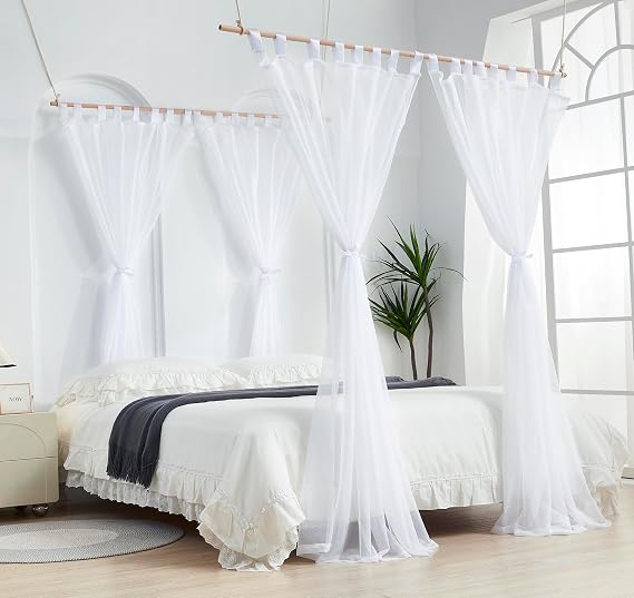 Mengersi Canopy Bed Curtains with Poles for King,Queen,Full and Twin Bed, Bed Canopy Drapes Sheer Curtains for Girls Adults Bedroom Decoration (White)