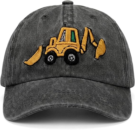 Cute Excavator Embroidery Kids Baseball Cap Washed Distressed Sun Hat Adjustable for Boys Girls Age 3-8