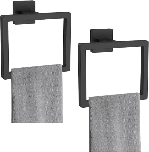 Black Towel Ring Square Stainless Steel Hand Towel Holder Towel Rail Wall Mounted Black Towel Holder for Bathroom, Kitchen, Laundry Room