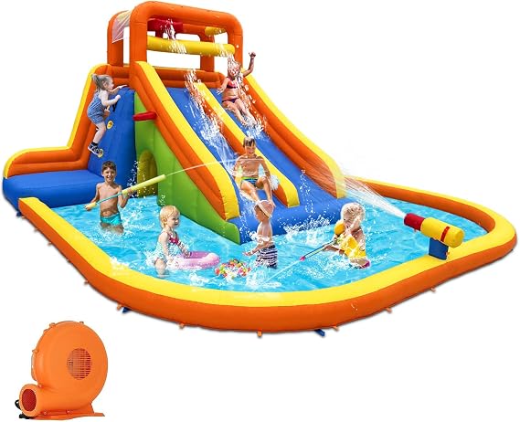 HuaKastro 15.6x15FT Giant Water Slide for Big Kids 5-12, Inflatable Water Park with Big Splash Pool, Dual Tall Slides & 2 Climb Walls for Racing Fun, W/Surprise Water Dump Bucket, Hide&Seek Cave
