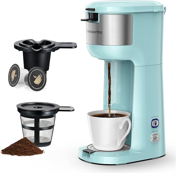 Famiworths Single Serve Coffee Maker for K Cup and Ground Coffee, 6 to 14 Oz Brew Sizes, Fits Travel Mug, Mini One Cup Coffee Maker with Self-cleaning Function, Cyan