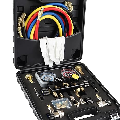 Lichamp AC R1234YF R134A Gauge Set, Automotive 4 Valve Manifold Gauge Compatible with R1234YF R134A and R404A Refrigerants, Works on Car Freon Charging and Evacuation