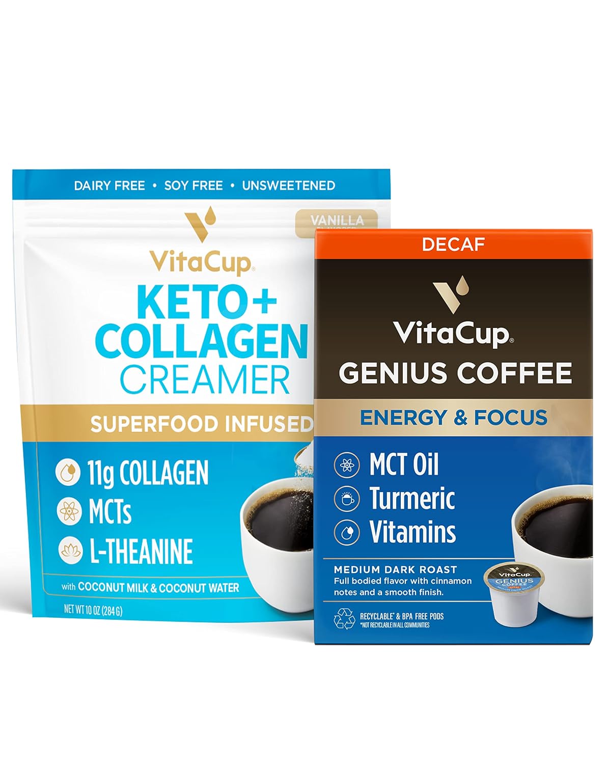 Vitacup Genius Decaf Coffee Pods & Keto  Collagen Vanilla Coffee Creamer Bundle for Keto Diet, Energy & Focus, 16 Ct Single Serve Pods & 10 oz Creamer Powder Bag