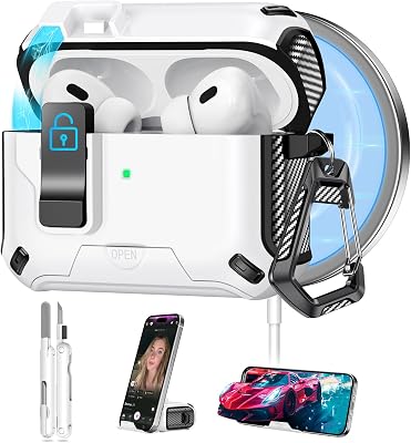 for AirPods Pro 2 Case 202320222019, Safety Lock & Phone Stand Design for Apple AirPods Pro 2nd1st Generation Case Cover with Cleaner and Keychain for Men Women, Compatible with MagSafe