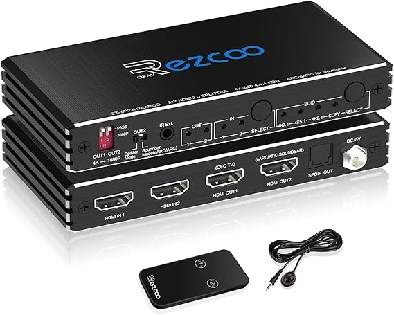 HDMI Splitter 4K 60Hz ARC/eARC for Soundbar HDMI Switch Bi-Direction 1 In 2 Out or 2 Input to 2 Output SPDIF 5.1CH Breakout D-olby Vision Atmos HDR CEC HDCP2.2 Scaler 4K 1080 for Xbox, PS5, SONOS ARC