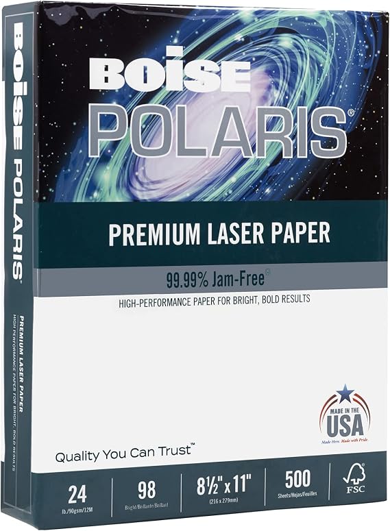 Boise POLARIS Premium Laser Paper, Letter Paper Size, 96 Brightness, 24 Lb, FSC Certified, White, Ream Of 500 Sheets