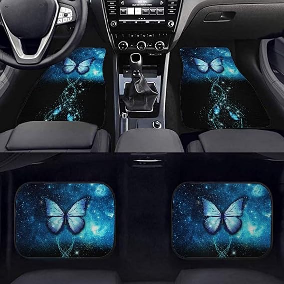 Car Floor Mat Set of 4, Blue Galaxy Butterfly Car Front Back Floor Mats for SUV Truck Van,Dust Proof Car Carpet for Women,Auto Interior Accessory
