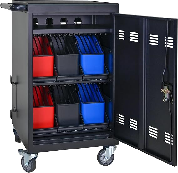 Campfun Charging Station 32 Device Mobile Charging Cart, Tablet Laptop Charging Station for Multiple Devices, Charging Cabinet Storage Cart for iPad, Chromebooks with Cord Organizer, Black