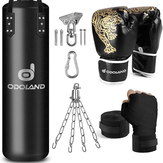 Odoland Punching Bag Set for Adults, 4FT PU Heavy Boxing Bag Set with 12OZ Boxing Gloves, Hand Wraps, Hanging Chains for MMA Karate Kickboxing Home Gym Training as Boys Gifts - Unfilled