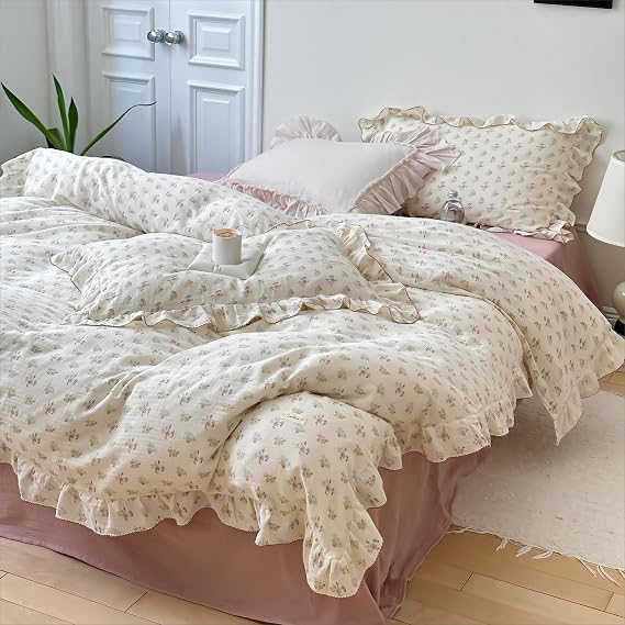 BuLuTu 100% Cotton Muslin Duvet Cover Twin for Kids Girls Boys, Shabby Chic Azalea Floral Duvet Covers Vintage Farmhouse Comforter/Quilt Cover with Ruffles, 68"x86", Zipper Closure, No Pillow