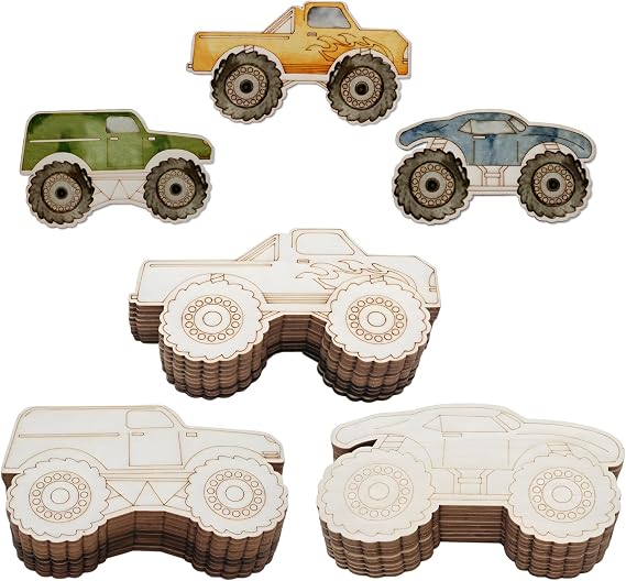 Unfinished Wood of Monster Truck for Crafts, Truck Cutouts Vehicles Blank Wooden Slices DIY Wood Truck for Birthday Christmas Party Decoration Gift Idea (30)